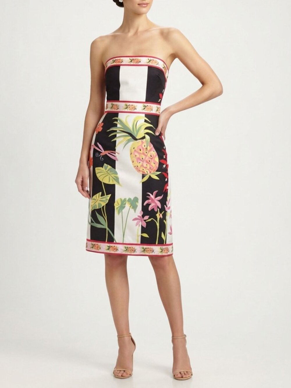 J.Crew Tropical Pineapple Floral Strapless Cotton Dress Size 0 Black White Y2K